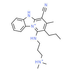 ChemSpider 2D Image | 4-Cyano-1-{[3-(dimethylammonio)propyl]amino}-3-methyl-2-propyl-5H-pyrido[1,2-a][3,1]benzimidazol-10-ium | C21H29N5