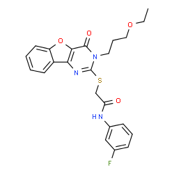 ChemSpider 2D Image | 2-{[3-(3-Ethoxypropyl)-4-oxo-3,4-dihydro[1]benzofuro[3,2-d]pyrimidin-2-yl]sulfanyl}-N-(3-fluorophenyl)acetamide | C23H22FN3O4S