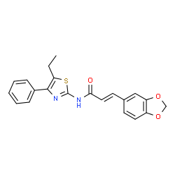 ChemSpider 2D Image | (2E)-3-(1,3-Benzodioxol-5-yl)-N-(5-ethyl-4-phenyl-1,3-thiazol-2-yl)acrylamide | C21H18N2O3S
