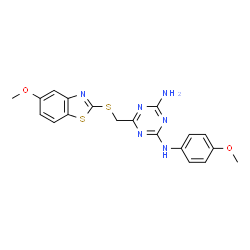 ChemSpider 2D Image | 6-{[(5-Methoxy-1,3-benzothiazol-2-yl)sulfanyl]methyl}-N-(4-methoxyphenyl)-1,3,5-triazine-2,4-diamine | C19H18N6O2S2