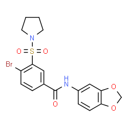 ChemSpider 2D Image | N-(1,3-Benzodioxol-5-yl)-4-bromo-3-(1-pyrrolidinylsulfonyl)benzamide | C18H17BrN2O5S
