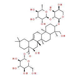 ChemSpider 2D Image | 1-O-[(3beta,5xi,16alpha,18alpha)-3-{[2-O-(6-Deoxy-alpha-L-mannopyranosyl)-alpha-L-arabinopyranosyl]oxy}-16,23-dihydroxy-28-oxoolean-12-en-28-yl]-beta-D-glucopyranose | C47H76O18