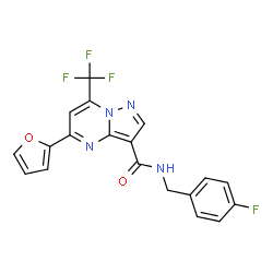ChemSpider 2D Image | N-(4-Fluorobenzyl)-5-(2-furyl)-7-(trifluoromethyl)pyrazolo[1,5-a]pyrimidine-3-carboxamide | C19H12F4N4O2