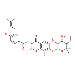 ChemSpider 2D Image | N-(7-{[(2S,3R,4S,5R)-3,4-Dihydroxy-5-methoxy-6,6-dimethyltetrahydro-2H-pyran-2-yl]oxy}-2-hydroxy-8-methyl-4-oxo-4H-chromen-3-yl)-4-hydroxy-3-(3-methyl-2-buten-1-yl)benzamide | C30H35NO10