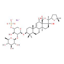 ChemSpider 2D Image | Sodium (3beta,12alpha,22S)-12,17-dihydroxy-18-oxo-18,20:22,25-diepoxylanost-9(11)-en-3-yl 2-O-(6-deoxy-beta-D-glucopyranosyl)-4-O-sulfonato-beta-D-xylopyranoside | C41H63NaO17S