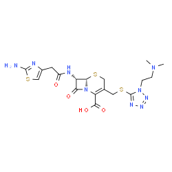 ChemSpider 2D Image | (6R-trans)-7-[[(2-Amino-4-thiazolyl)acetyl]amino]-3-[[[1-[2-(dimethylamino)ethyl]-1H-tetrazol-5-yl]thio]methyl]-8-oxo-5-thia-1-azabicyclo[4.2.0]oct-2-ene-2-carboxylic Acid | C18H23N9O4S3