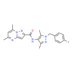 ChemSpider 2D Image | N-[1-(4-Fluorobenzyl)-3,5-dimethyl-1H-pyrazol-4-yl]-5,7-dimethylpyrazolo[1,5-a]pyrimidine-2-carboxamide | C21H21FN6O