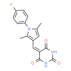 ChemSpider 2D Image | 5-{[1-(4-Fluorophenyl)-2,5-dimethyl-1H-pyrrol-3-yl]methylene}-2,4,6(1H,3H,5H)-pyrimidinetrione | C17H14FN3O3