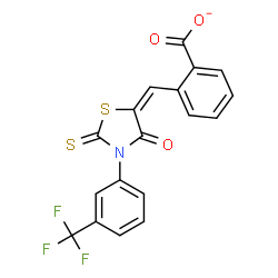 ChemSpider 2D Image | 2-[(E)-{4-Oxo-2-thioxo-3-[3-(trifluoromethyl)phenyl]-1,3-thiazolidin-5-ylidene}methyl]benzoate | C18H9F3NO3S2