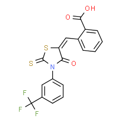 ChemSpider 2D Image | 2-[(E)-{4-Oxo-2-thioxo-3-[3-(trifluoromethyl)phenyl]-1,3-thiazolidin-5-ylidene}methyl]benzoic acid | C18H10F3NO3S2