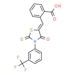 ChemSpider 2D Image | 2-[(Z)-{4-Oxo-2-thioxo-3-[3-(trifluoromethyl)phenyl]-1,3-thiazolidin-5-ylidene}methyl]benzoic acid | C18H10F3NO3S2