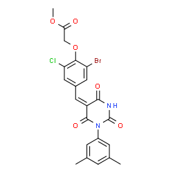 ChemSpider 2D Image | Methyl (2-bromo-6-chloro-4-{(E)-[1-(3,5-dimethylphenyl)-2,4,6-trioxotetrahydro-5(2H)-pyrimidinylidene]methyl}phenoxy)acetate | C22H18BrClN2O6