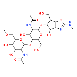 ChemSpider 2D Image | 4-Hydroxy-6-(hydroxymethyl)-2-(methylamino)-4,5,6,6a-tetrahydro-3aH-cyclopenta[d][1,3]oxazol-5-yl 2-acetamido-4-O-(2-acetamido-2-deoxy-6-O-methylhexopyranosyl)-2-deoxyhexopyranoside | C25H42N4O14