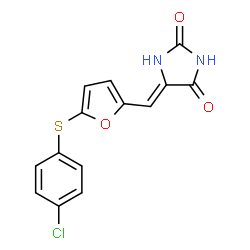 ChemSpider 2D Image | 5-({5-[(4-chlorophenyl)thio]-2-furyl}methylene)-2,4-imidazolidinedione | C14H9ClN2O3S