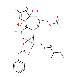 ChemSpider 2D Image | [3-(Acetoxymethyl)-4a,7b-dihydroxy-1,6,8-trimethyl-5-oxo-9a-(2-phenylacetoxy)-1a,1b,4,4a,5,7a,7b,8,9,9a-decahydro-1H-cyclopropa[3,4]benzo[1,2-e]azulen-1-yl]methyl 2-methylbutanoate | C35H44O9