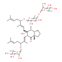 ChemSpider 2D Image | (3aS,5R,6R,7R,7aS)-6-[(2E)-4-({3,4-Dihydroxy-6-methyl-5-[(3,4,5-trihydroxy-6-methyltetrahydro-2H-pyran-2-yl)oxy]tetrahydro-2H-pyran-2-yl}oxy)-3,7-dimethyl-2,6-octadien-1-yl]-5-{(1E)-2,6-dimethyl-3-[(3
,4,5-trihydroxy-6-methyltetrahydro-2H-pyran-2-yl)oxy]-1,5-heptadien-1-yl}-6-hydroxy-3a,7-dimethyloctahydro-4H-inden-4-one | C48H78O16