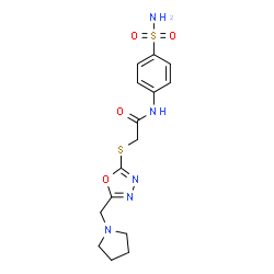 ChemSpider 2D Image | 2-{[5-(1-Pyrrolidinylmethyl)-1,3,4-oxadiazol-2-yl]sulfanyl}-N-(4-sulfamoylphenyl)acetamide | C15H19N5O4S2