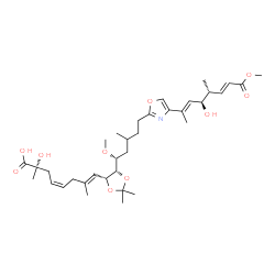 ChemSpider 2D Image | (2S,4Z,7E)-2-Hydroxy-8-{(4R,5S)-5-[(1R)-5-{4-[(2E,4R,5R,6E)-4-hydroxy-8-methoxy-5-methyl-8-oxo-2,6-octadien-2-yl]-1,3-oxazol-2-yl}-1-methoxy-3-methylpentyl]-2,2-dimethyl-1,3-dioxolan-4-yl}-2,7-dimethy
l-4,7-octadienoic acid | C35H53NO10