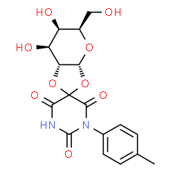 ChemSpider 2D Image | (3aR,5R,6R,7S,7aR)-6,7-Dihydroxy-5-(hydroxymethyl)-1'-(4-methylphenyl)tetrahydro-2'H,3aH-spiro[1,3-dioxolo[4,5-b]pyran-2,5'-pyrimidine]-2',4',6'(1'H,3'H)-trione | C17H18N2O9