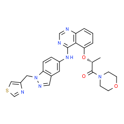 ChemSpider 2D Image | (2R)-1-(4-Morpholinyl)-2-[(4-{[1-(1,3-thiazol-4-ylmethyl)-1H-indazol-5-yl]amino}-5-quinazolinyl)oxy]-1-propanone | C26H25N7O3S