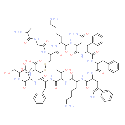 ChemSpider 2D Image | Alanyl-N-[19,34-bis(4-aminobutyl)-31-(2-amino-2-oxoethyl)-13,25,28-tribenzyl-4-carboxy-10,16-bis(1-hydroxyethyl)-7-(hydroxymethyl)-22-(1H-indol-3-ylmethyl)-6,9,12,15,18,21,24,27,30,33,36-undecaoxo-1,2
-dithia-5,8,11,14,17,20,23,26,29,32,35-undecaazacyclooctatriacontan-37-yl]glycinamide | C76H104N18O19S2