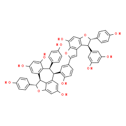 ChemSpider 2D Image | (1S,6R,7R,11bS)-6-{5-[(7S,8S)-8-(3,5-Dihydroxyphenyl)-4-hydroxy-7-(4-hydroxyphenyl)-7,8-dihydrofuro[3,2-e][1]benzofuran-2-yl]-2-hydroxyphenyl}-1,7-bis(4-hydroxyphenyl)-1,6,7,11b-tetrahydro-2-oxadibenz
o[cd,h]azulene-4,8,10-triol | C56H40O13
