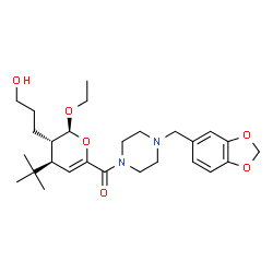 ChemSpider 2D Image | [4-(1,3-Benzodioxol-5-ylmethyl)-1-piperazinyl][(2S,3S,4R)-2-ethoxy-3-(3-hydroxypropyl)-4-(2-methyl-2-propanyl)-3,4-dihydro-2H-pyran-6-yl]methanone | C27H40N2O6