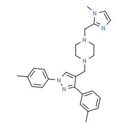ChemSpider 2D Image | 1-[(1-Methyl-1H-imidazol-2-yl)methyl]-4-{[3-(3-methylphenyl)-1-(4-methylphenyl)-1H-pyrazol-4-yl]methyl}piperazine | C27H32N6