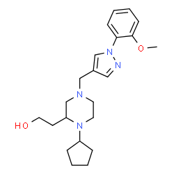 ChemSpider 2D Image | 2-(1-Cyclopentyl-4-{[1-(2-methoxyphenyl)-1H-pyrazol-4-yl]methyl}-2-piperazinyl)ethanol | C22H32N4O2