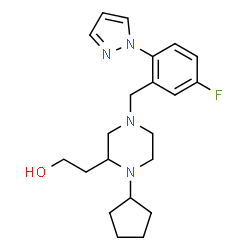 ChemSpider 2D Image | 2-{1-Cyclopentyl-4-[5-fluoro-2-(1H-pyrazol-1-yl)benzyl]-2-piperazinyl}ethanol | C21H29FN4O