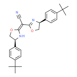 ChemSpider 2D Image | (2E)-{(4S)-4-[4-(2-Methyl-2-propanyl)phenyl]-4,5-dihydro-1,3-oxazol-2-yl}{(4S)-4-[4-(2-methyl-2-propanyl)phenyl]-1,3-oxazolidin-2-ylidene}acetonitrile | C28H33N3O2