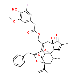ChemSpider 2D Image | [(1R,2R,6R,10S,11S,15R,17R)-13-Benzyl-6-hydroxy-15-isopropenyl-4,17-dimethyl-5-oxo-12,14,18-trioxapentacyclo[11.4.1.0~1,10~.0~2,6~.0~11,15~]octadeca-3,8-dien-8-yl]methyl (4-hydroxy-3-iodo-5-methoxyphe
nyl)acetate | C37H39IO9