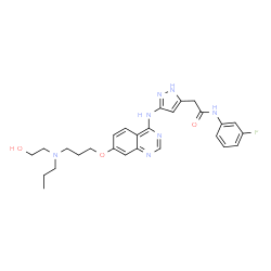 ChemSpider 2D Image | N-(3-Fluorophenyl)-5-[[7-[3-[(2-hydroxyethyl)propylamino]propoxy]-4-quinazolinyl]amino]-1H-pyrazole-3-acetamide | C27H32FN7O3