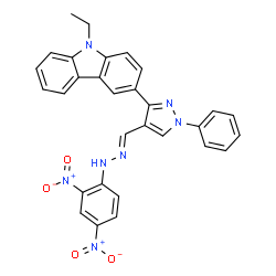 ChemSpider 2D Image | 3-(4-{(E)-[(2,4-Dinitrophenyl)hydrazono]methyl}-1-phenyl-1H-pyrazol-3-yl)-9-ethyl-9H-carbazole | C30H23N7O4