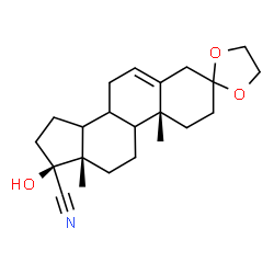 ChemSpider 2D Image | (10R,13S,17S)-17-Hydroxy-10,13-dimethyl-1,2,4,7,8,9,10,11,12,13,14,15,16,17-tetradecahydrospiro[cyclopenta[a]phenanthrene-3,2'-[1,3]dioxolane]-17-carbonitrile | C22H31NO3