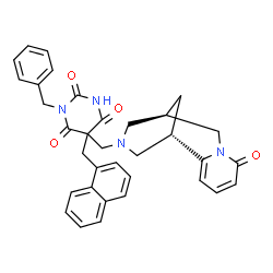 ChemSpider 2D Image | 1-Benzyl-5-(1-naphthylmethyl)-5-{[(1S,9R)-6-oxo-7,11-diazatricyclo[7.3.1.0~2,7~]trideca-2,4-dien-11-yl]methyl}-2,4,6(1H,3H,5H)-pyrimidinetrione | C34H32N4O4
