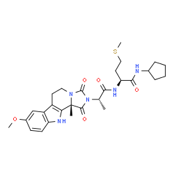 ChemSpider 2D Image | N-Cyclopentyl-N~2~-{(2S)-2-[(11bS)-8-methoxy-11b-methyl-1,3-dioxo-5,6,11,11b-tetrahydro-1H-imidazo[1',5':1,2]pyrido[3,4-b]indol-2(3H)-yl]propanoyl}-L-methioninamide | C28H37N5O5S