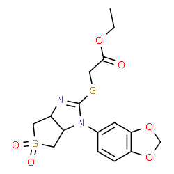 ChemSpider 2D Image | Ethyl {[1-(1,3-benzodioxol-5-yl)-5,5-dioxido-3a,4,6,6a-tetrahydro-1H-thieno[3,4-d]imidazol-2-yl]sulfanyl}acetate | C16H18N2O6S2