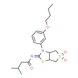 ChemSpider 2D Image | N-[(2Z)-3-(3-Butoxyphenyl)-5,5-dioxidotetrahydrothieno[3,4-d][1,3]thiazol-2(3H)-ylidene]-3-methylbutanamide | C20H28N2O4S2