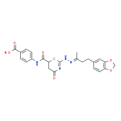 ChemSpider 2D Image | 4-({[(2E)-2-{(2E)-[4-(1,3-Benzodioxol-5-yl)butan-2-ylidene]hydrazono}-4-oxo-1,3-thiazinan-6-yl]carbonyl}amino)benzoic acid | C23H22N4O6S