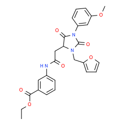 ChemSpider 2D Image | Ethyl 3-({[3-(2-furylmethyl)-1-(3-methoxyphenyl)-2,5-dioxo-4-imidazolidinyl]acetyl}amino)benzoate | C26H25N3O7