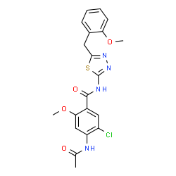 ChemSpider 2D Image | 4-Acetamido-5-chloro-2-methoxy-N-[5-(2-methoxybenzyl)-1,3,4-thiadiazol-2-yl]benzamide | C20H19ClN4O4S
