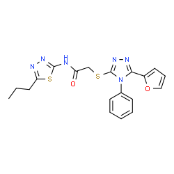 ChemSpider 2D Image | 2-{[5-(2-Furyl)-4-phenyl-4H-1,2,4-triazol-3-yl]sulfanyl}-N-(5-propyl-1,3,4-thiadiazol-2-yl)acetamide | C19H18N6O2S2