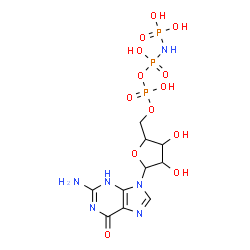 ChemSpider 2D Image | 2-Amino-9-[5-O-(hydroxy{[hydroxy(phosphonoamino)phosphoryl]oxy}phosphoryl)pentofuranosyl]-3,9-dihydro-6H-purin-6-one | C10H17N6O13P3