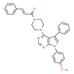ChemSpider 2D Image | (2E)-1-{4-[7-(4-Methoxyphenyl)-5-phenyl-7H-pyrrolo[2,3-d]pyrimidin-4-yl]-1-piperazinyl}-3-phenyl-2-propen-1-one | C32H29N5O2