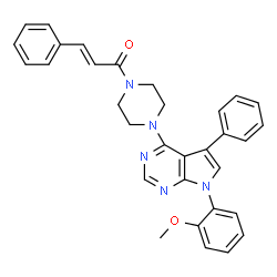ChemSpider 2D Image | (2E)-1-{4-[7-(2-Methoxyphenyl)-5-phenyl-7H-pyrrolo[2,3-d]pyrimidin-4-yl]-1-piperazinyl}-3-phenyl-2-propen-1-one | C32H29N5O2