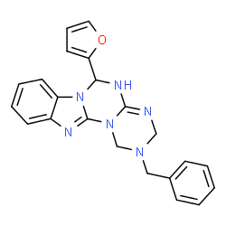 ChemSpider 2D Image | 2-Benzyl-6-(2-furyl)-2,3,4,6-tetrahydro-1H-[1,3,5]triazino[1',2':3,4][1,3,5]triazino[1,2-a]benzimidazole | C22H20N6O