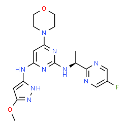 ChemSpider 2D Image | N~2~-[(1S)-1-(5-Fluoro-2-pyrimidinyl)ethyl]-N~4~-(3-methoxy-1H-pyrazol-5-yl)-6-(4-morpholinyl)-2,4-pyrimidinediamine | C18H22FN9O2