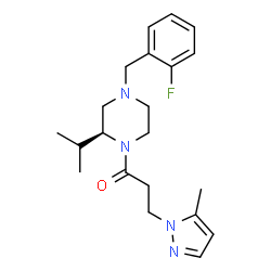ChemSpider 2D Image | 1-[(2S)-4-(2-Fluorobenzyl)-2-isopropyl-1-piperazinyl]-3-(5-methyl-1H-pyrazol-1-yl)-1-propanone | C21H29FN4O