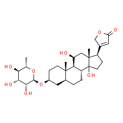 ChemSpider 2D Image | (3beta,5alpha,11beta,14xi)-3-[(6-Deoxy-alpha-L-mannopyranosyl)oxy]-11,14-dihydroxycard-20(22)-enolide | C29H44O9